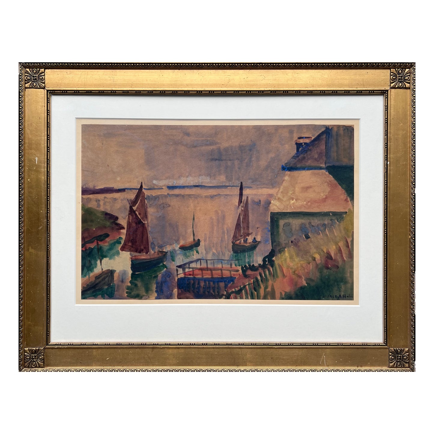 Astrid Holm. “Fiskerbåde i solnedgang, Bretagne”, 1913