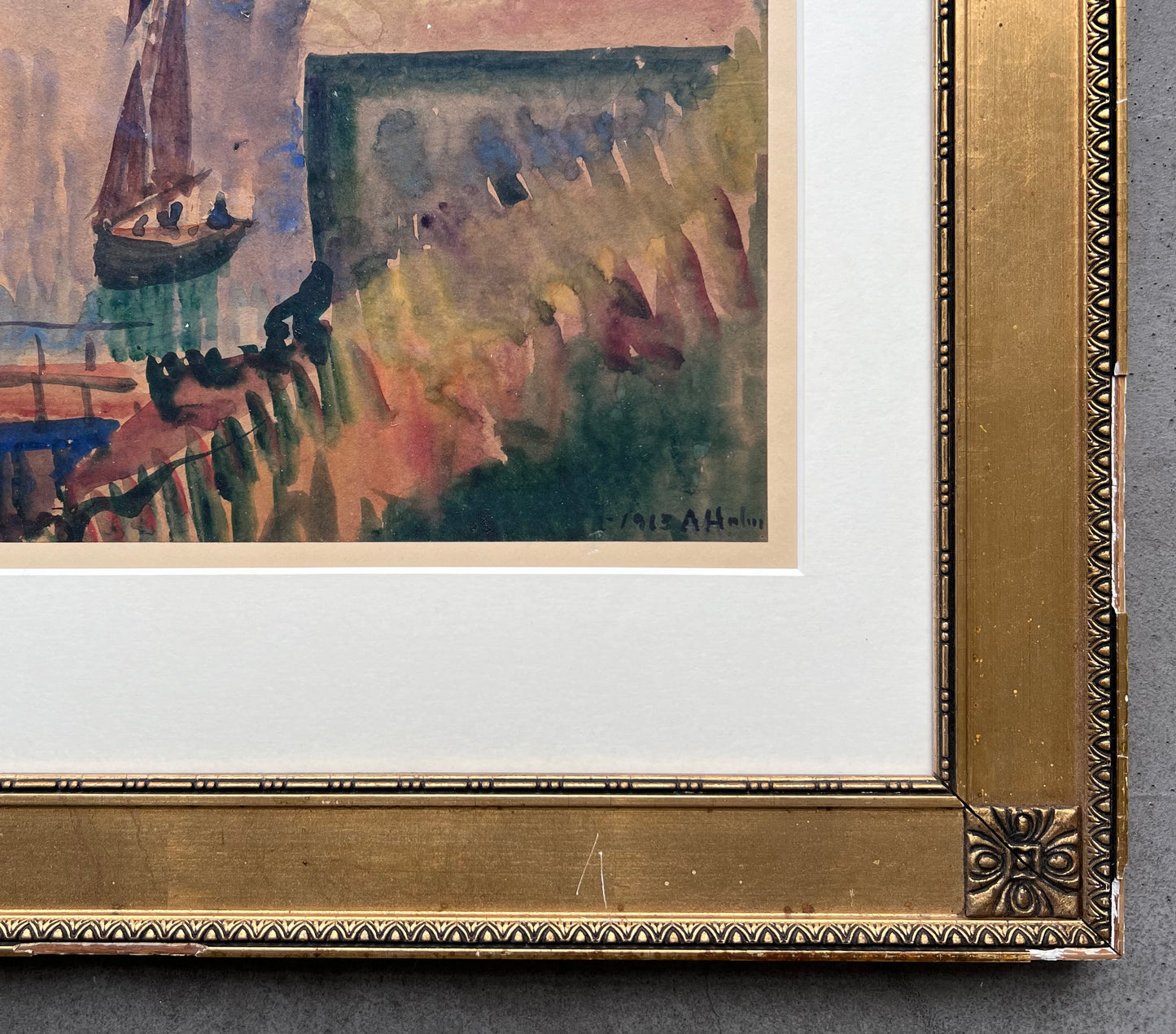 Astrid Holm. “Fiskerbåde i solnedgang, Bretagne”, 1913