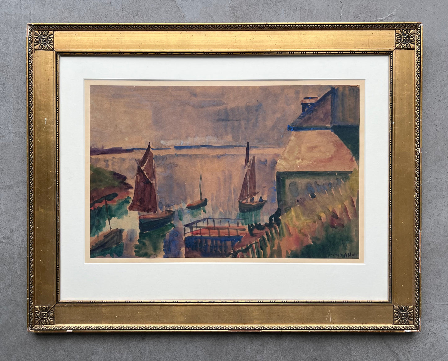 Astrid Holm. “Fiskerbåde i solnedgang, Bretagne”, 1913