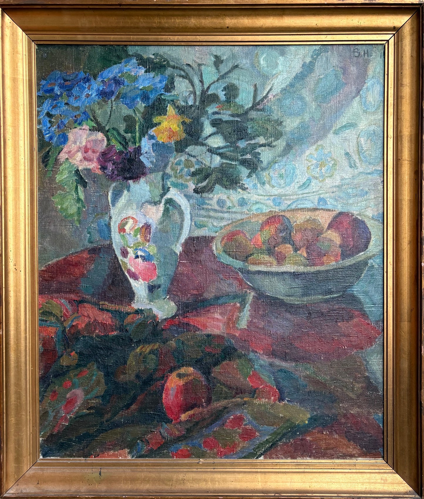 Bizzie Høyer. Nature morte with flowers and apples, 1915