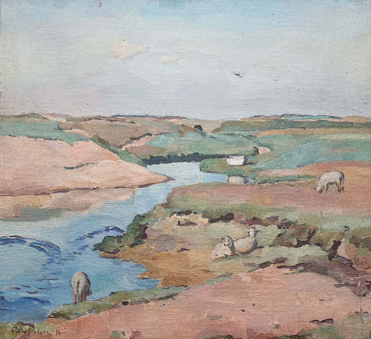 Oda Peters. Sheep in landscape, 1924