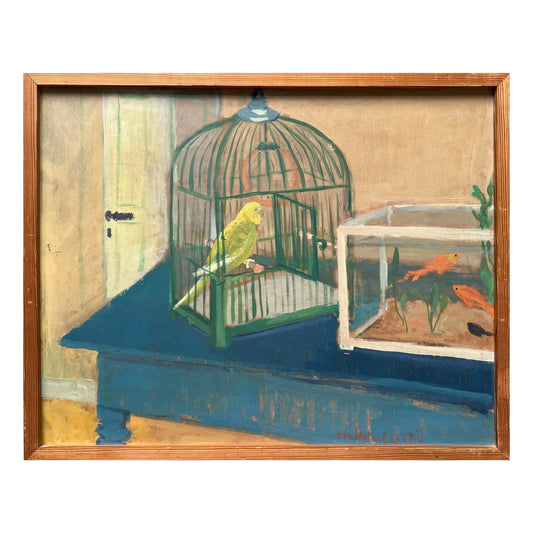 Eva Holmberg-Jacobsson. Interior with goldfish and a budgie