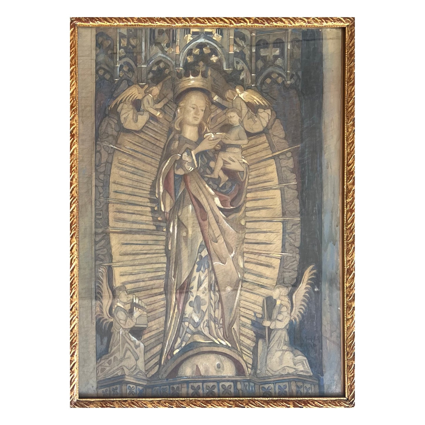 Marie Henriques. Study of the alterpiece in “Mariakirken” in Bergen, 1915