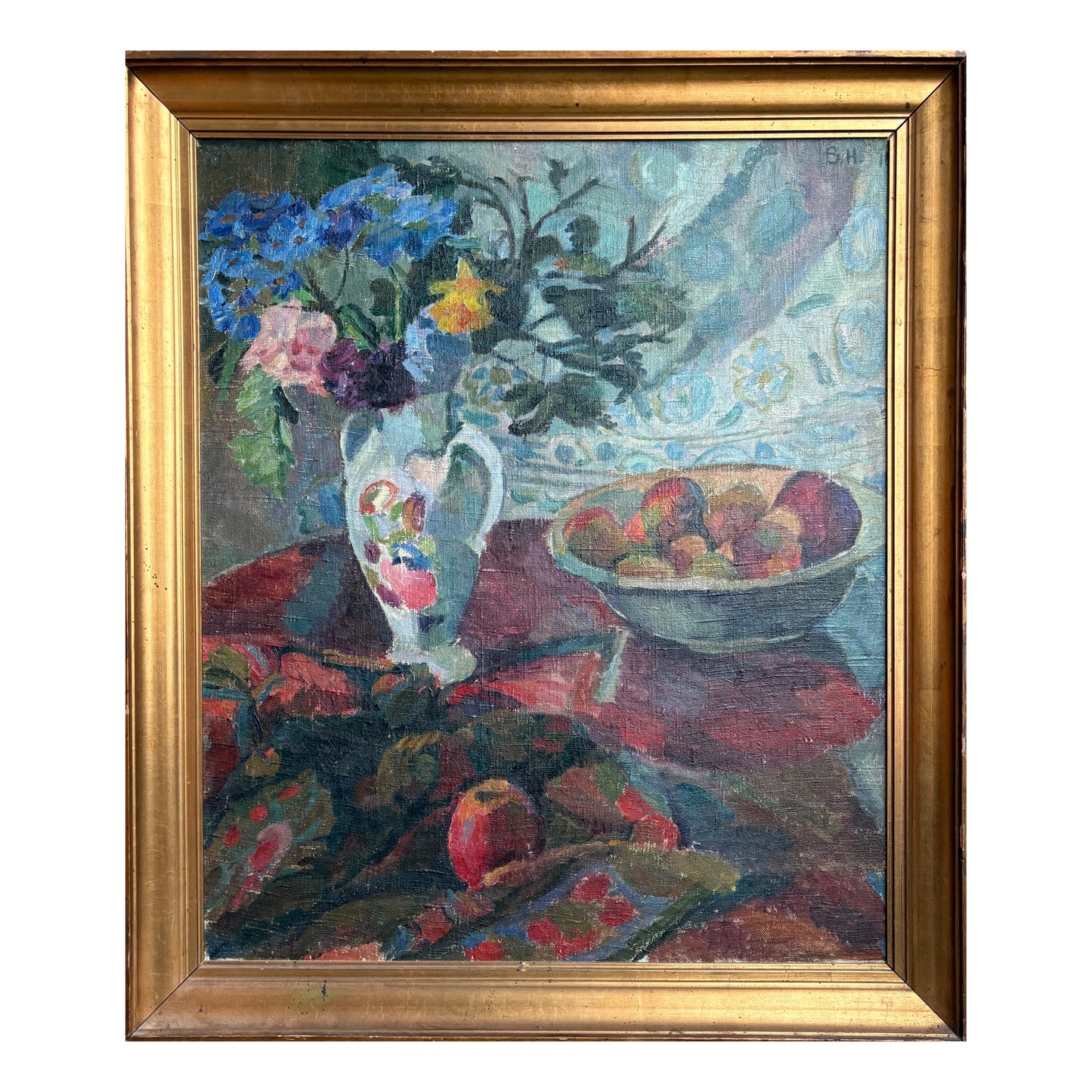 Bizzie Høyer. Nature morte with flowers and apples, 1915