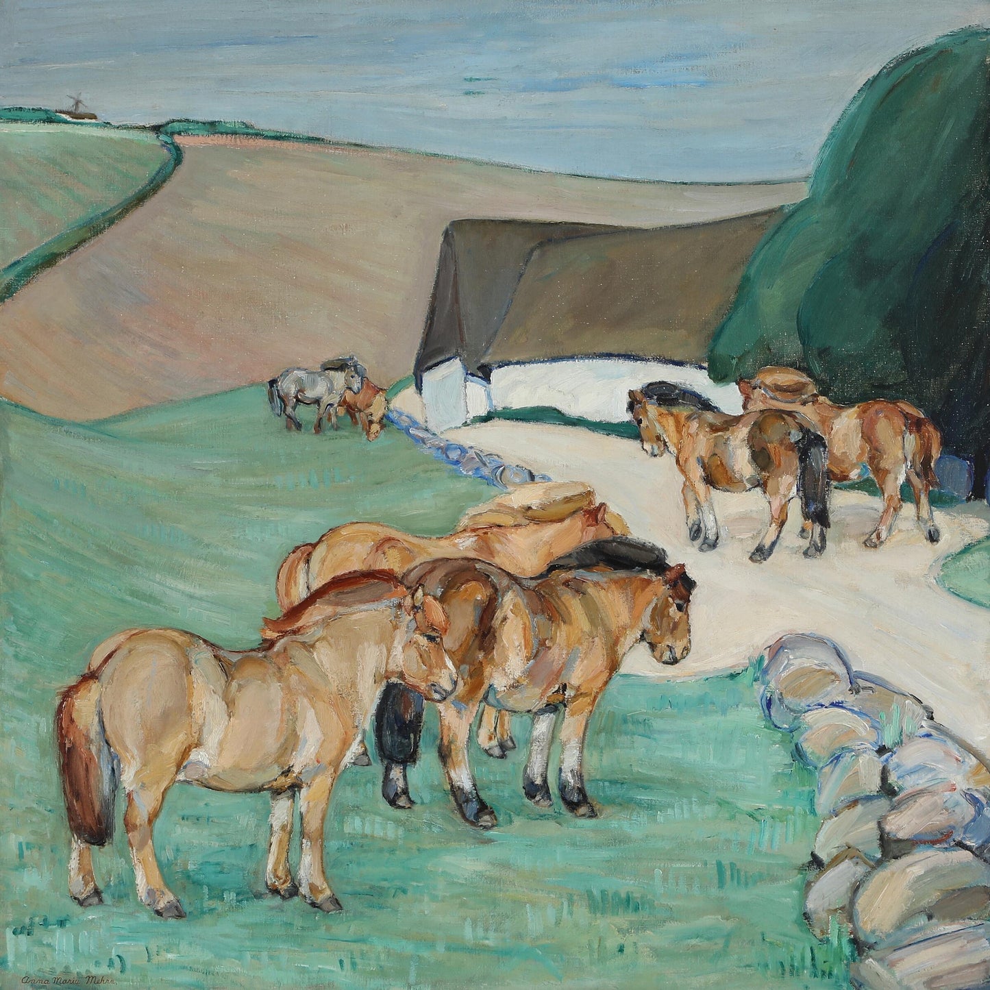 Anna Maria Mehrn. “Islandske heste udenfor en jysk bondegård”, 1917