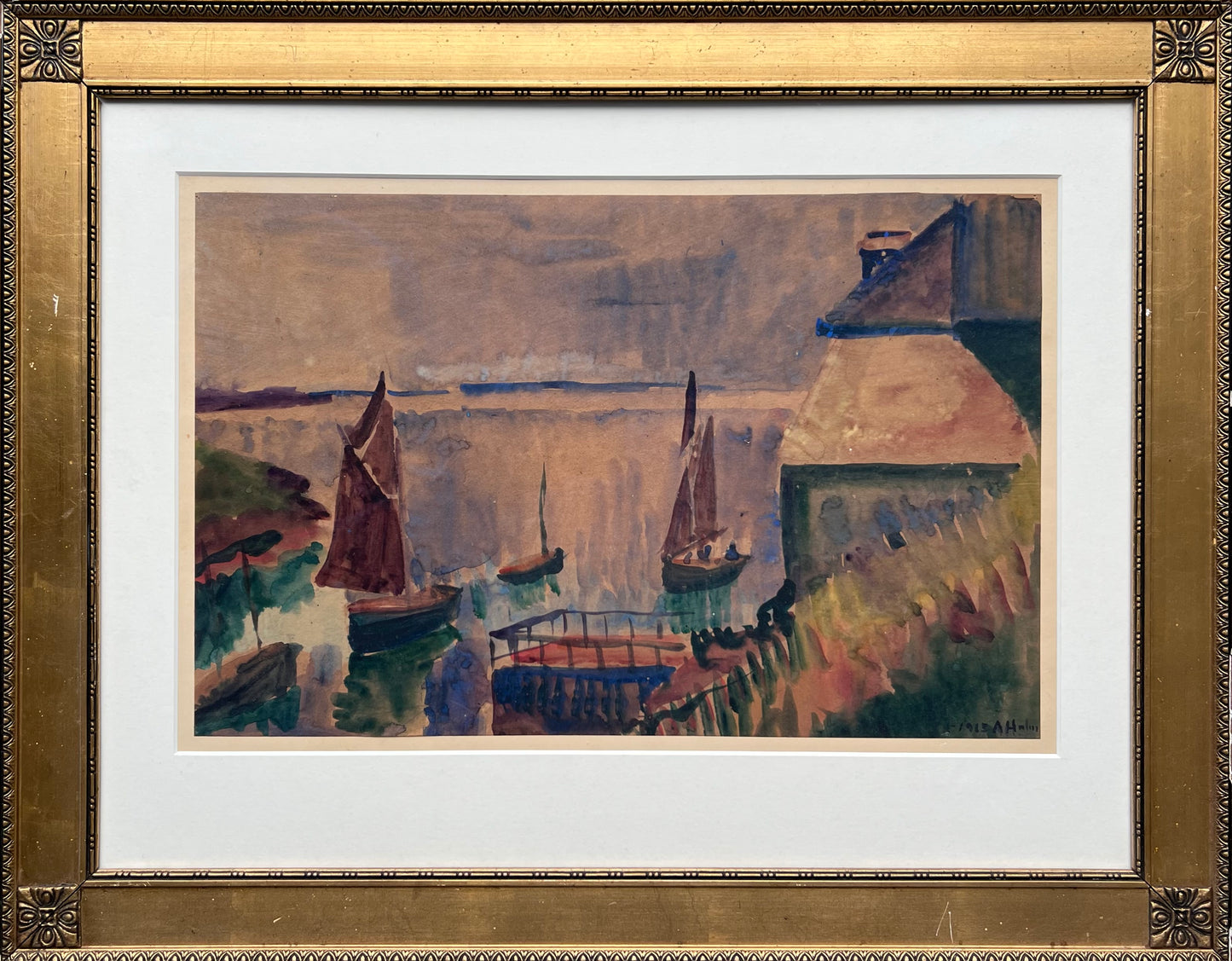 Astrid Holm. “Fiskerbåde i solnedgang, Bretagne”, 1913