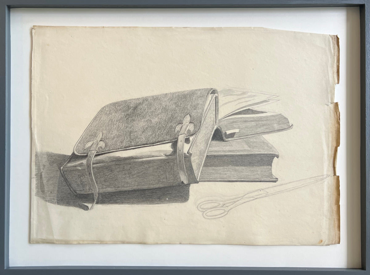 Georgia Skovgaard. Still life with tornister, scissors and books