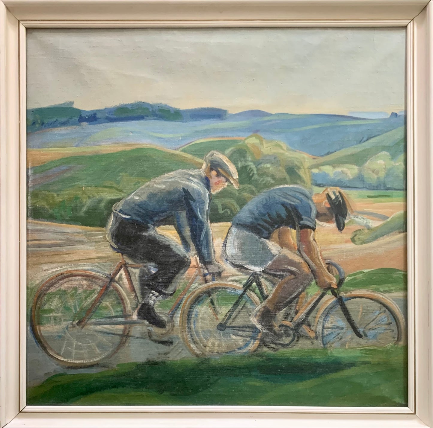 Danish painter. Landscape with cyclists, circa 1950